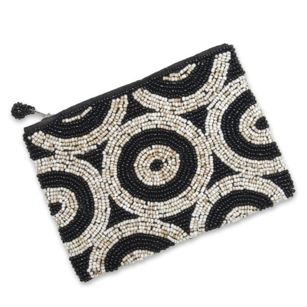 Beaded Circles Coin Purse in Black and White